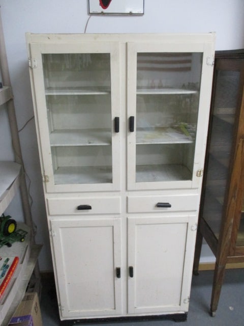 Vintage White Kitchen Cabinet w/Glass Upper Doors & Lower Storage & 2 Drawers - 2