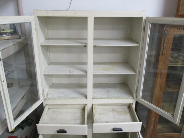 Vintage White Kitchen Cabinet w/Glass Upper Doors & Lower Storage & 2 Drawers - 4