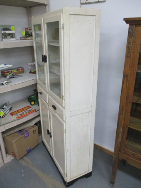 Vintage White Kitchen Cabinet w/Glass Upper Doors & Lower Storage & 2 Drawers - 5