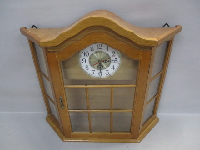 1970's Oak Wall or Table Clock Cabinet w/ Glass Shelf: 22" x 21"