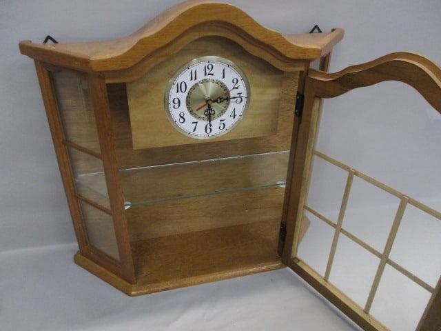 1970's Oak Wall or Table Clock Cabinet w/ Glass Shelf - 3