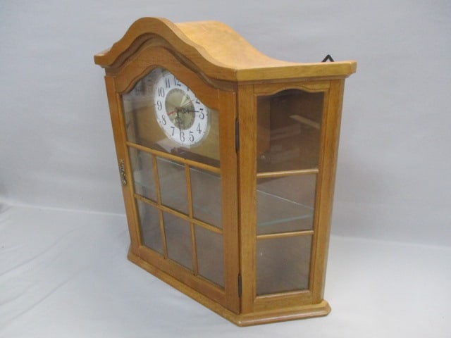 1970's Oak Wall or Table Clock Cabinet w/ Glass Shelf - 4