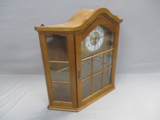 1970's Oak Wall or Table Clock Cabinet w/ Glass Shelf - 6