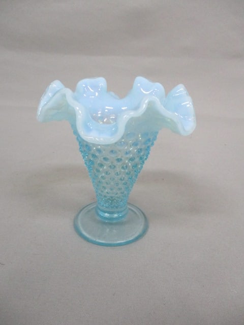 Fenton Blue Opalescent Hobnail Vase w/Ruffled Rim 4" (1 of 5)