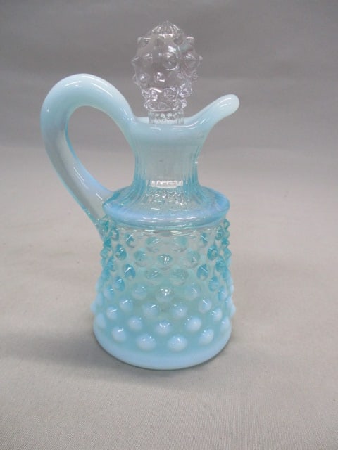 Fenton Blue Opalescent Hobnail Cruet w/Clear Stopper: 4.5"