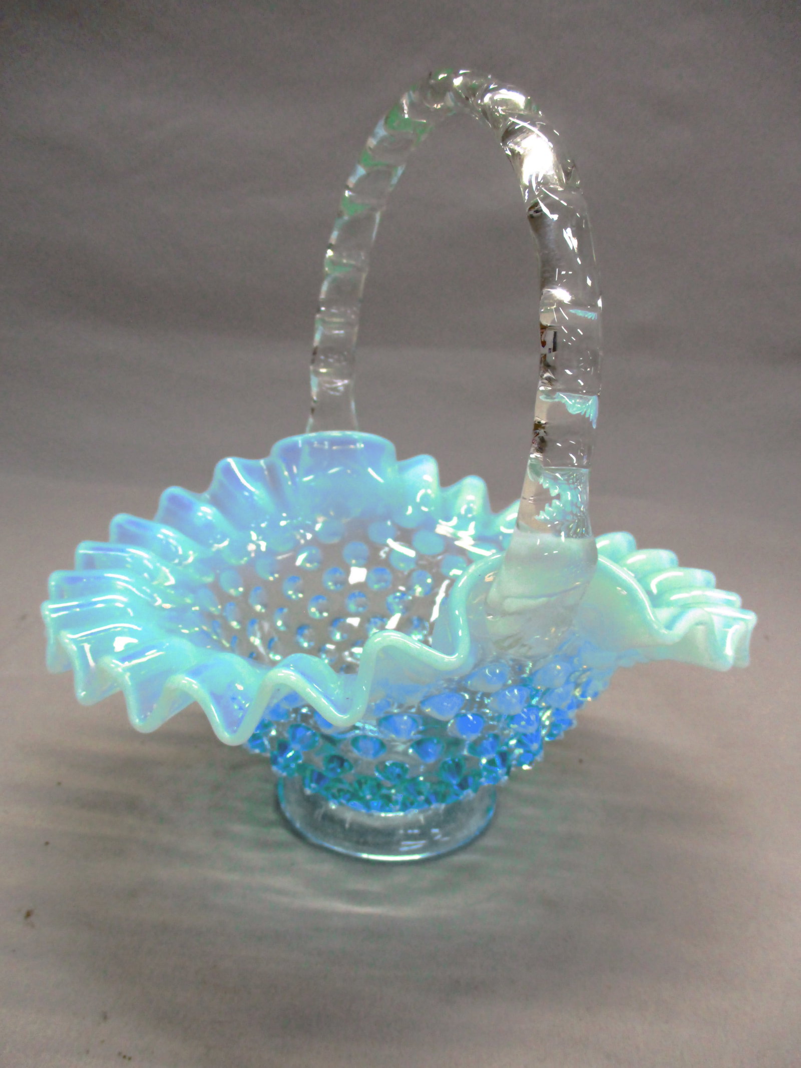 Fenton Blue Opalescent Hobnail Basket w/Clear Handle: 7.5"