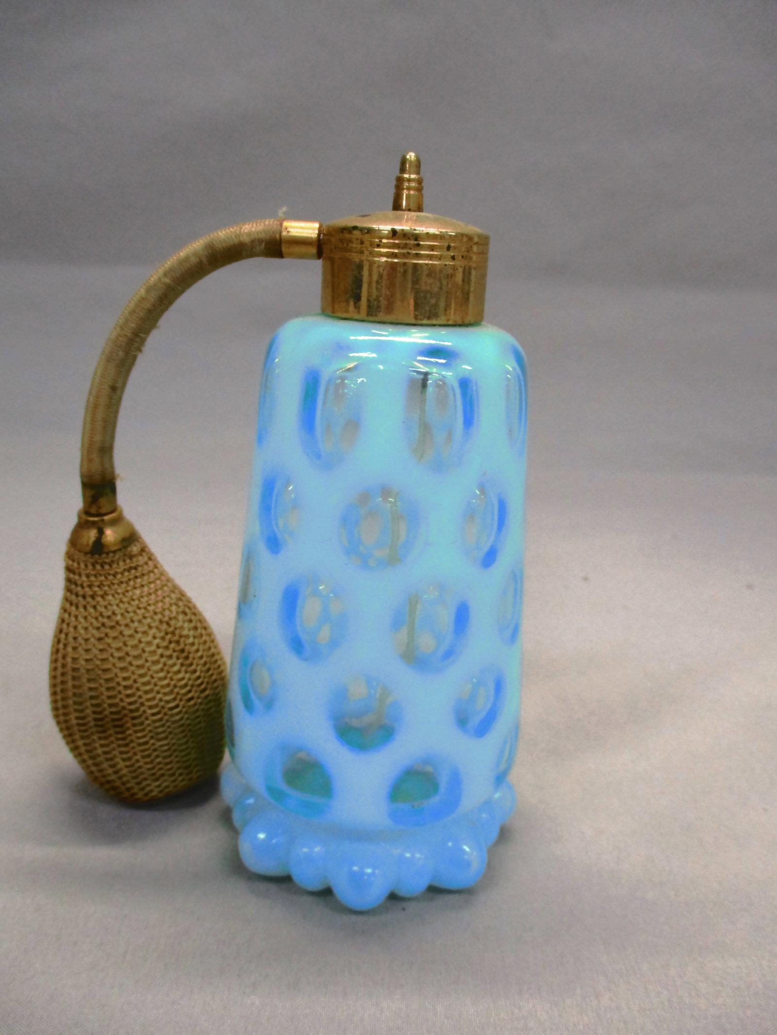 Fenton Blue Opalescent Coin Dot Perfume Atomizer: 5"