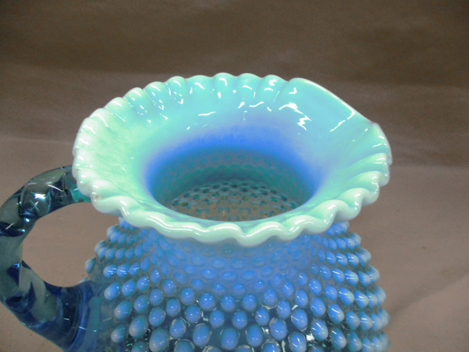 Fenton Blue Opalescent Hobnail Pitcher w/Crimped Rim - 2