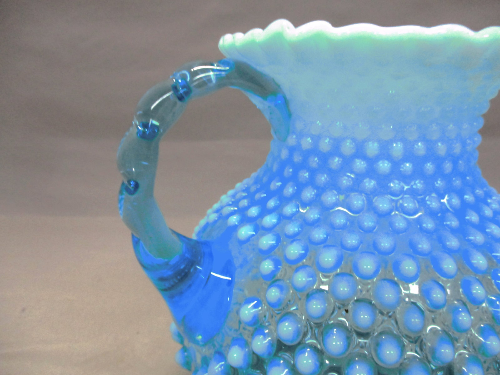 Fenton Blue Opalescent Hobnail Pitcher w/Crimped Rim - 3