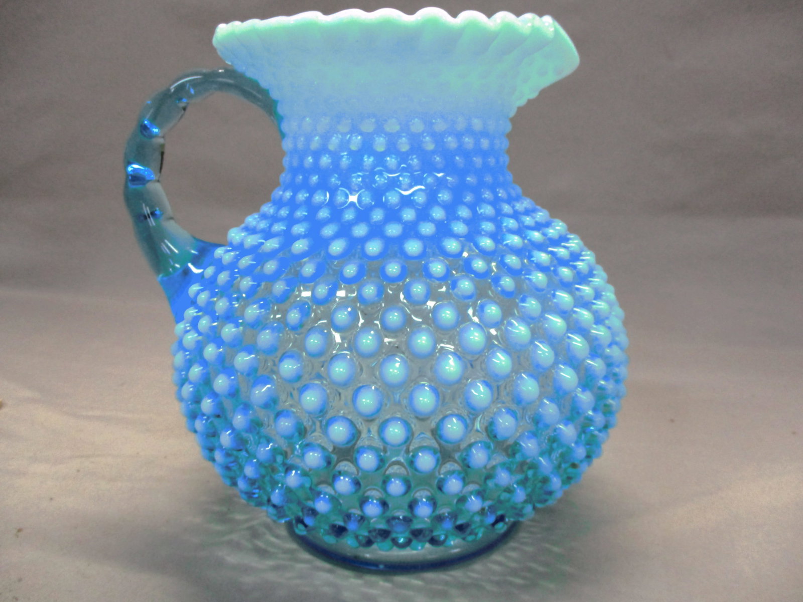 Fenton Blue Opalescent Hobnail Pitcher w/Crimped Rim - 4