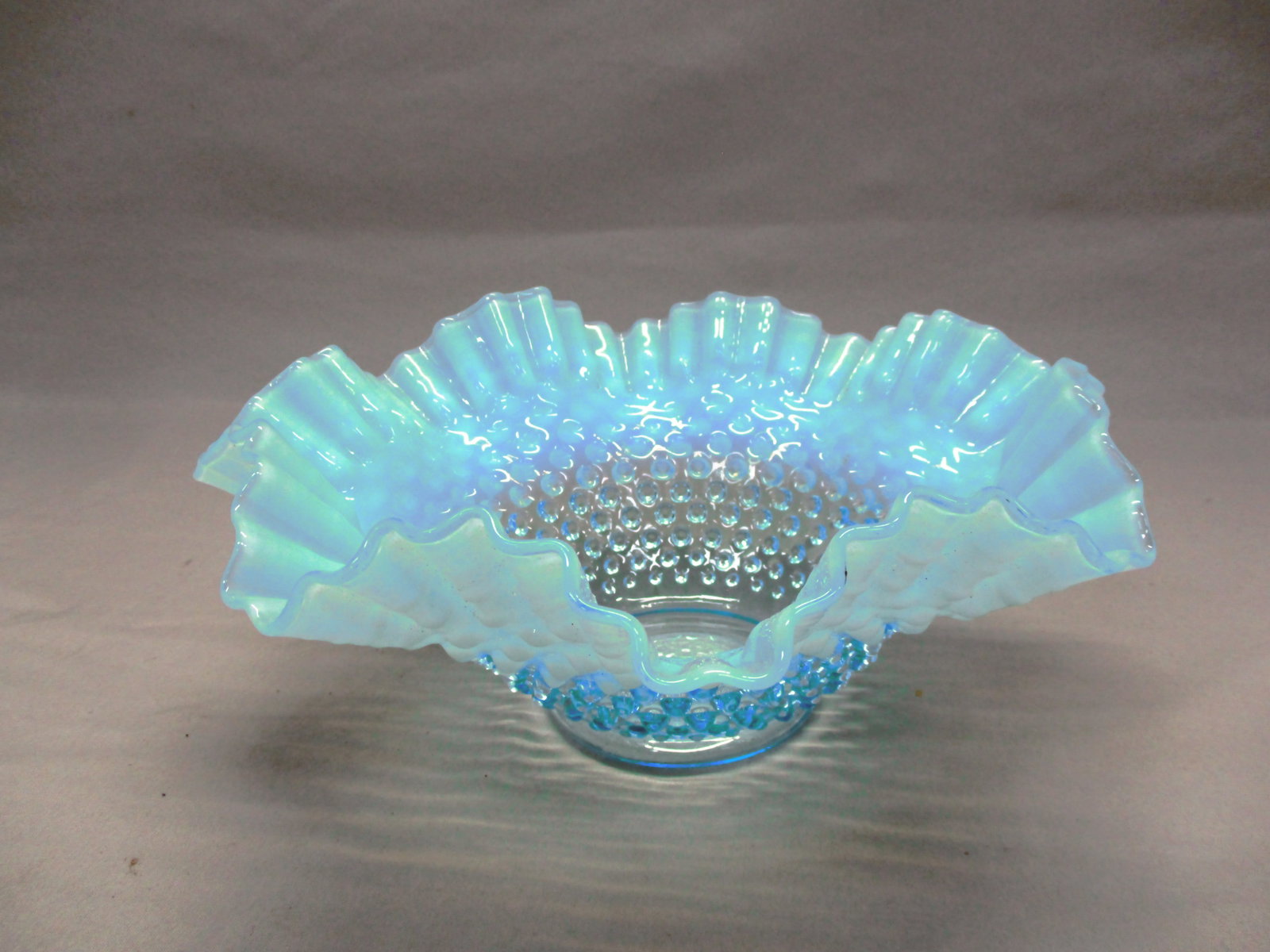 Fenton Blue Opalescent Hobnail Ruffled Crimped Edge Bowl: 10" x 4"
