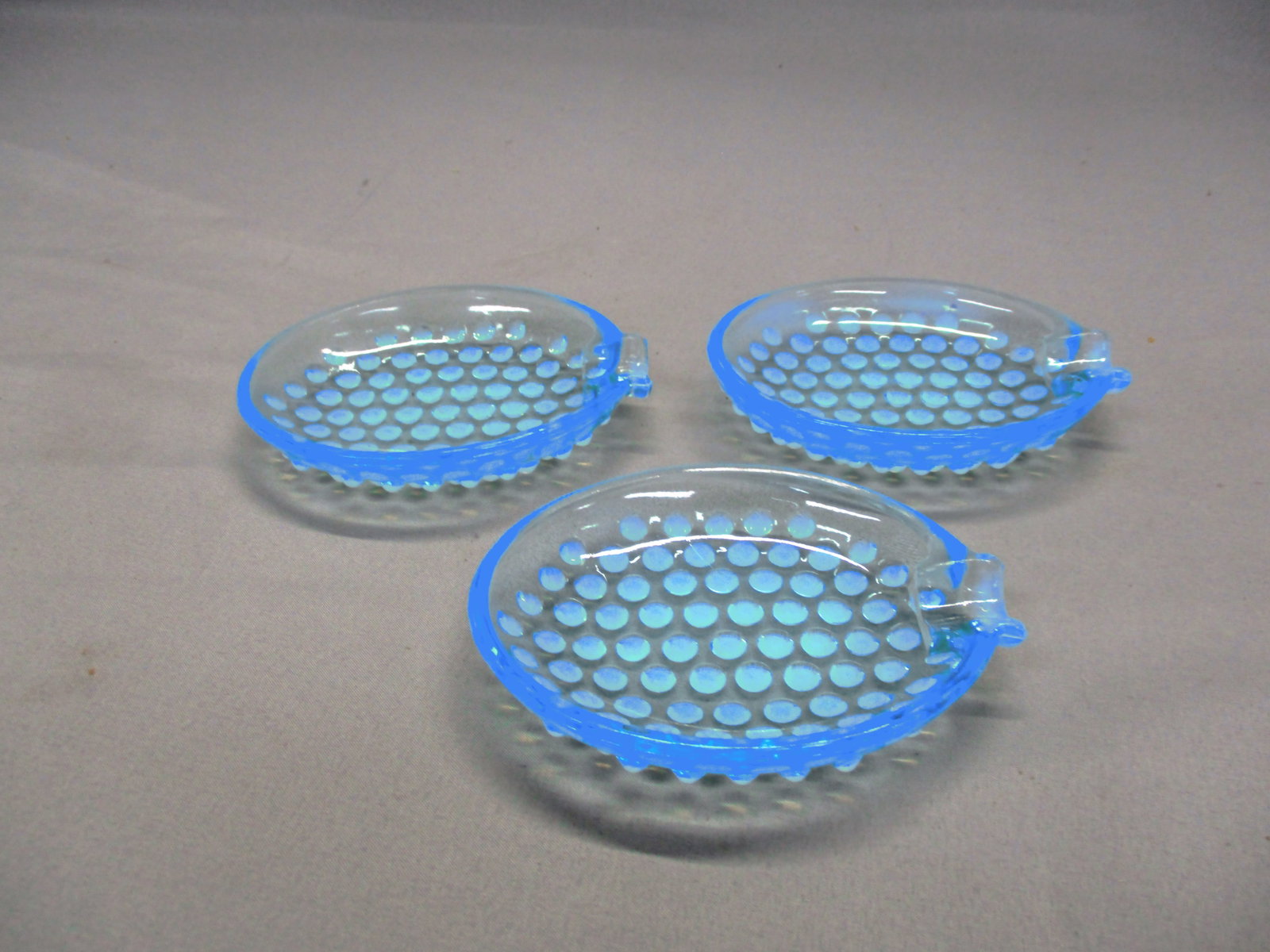 3 Fenton Blue Opalescent Hobnail Ashtrays: 4"