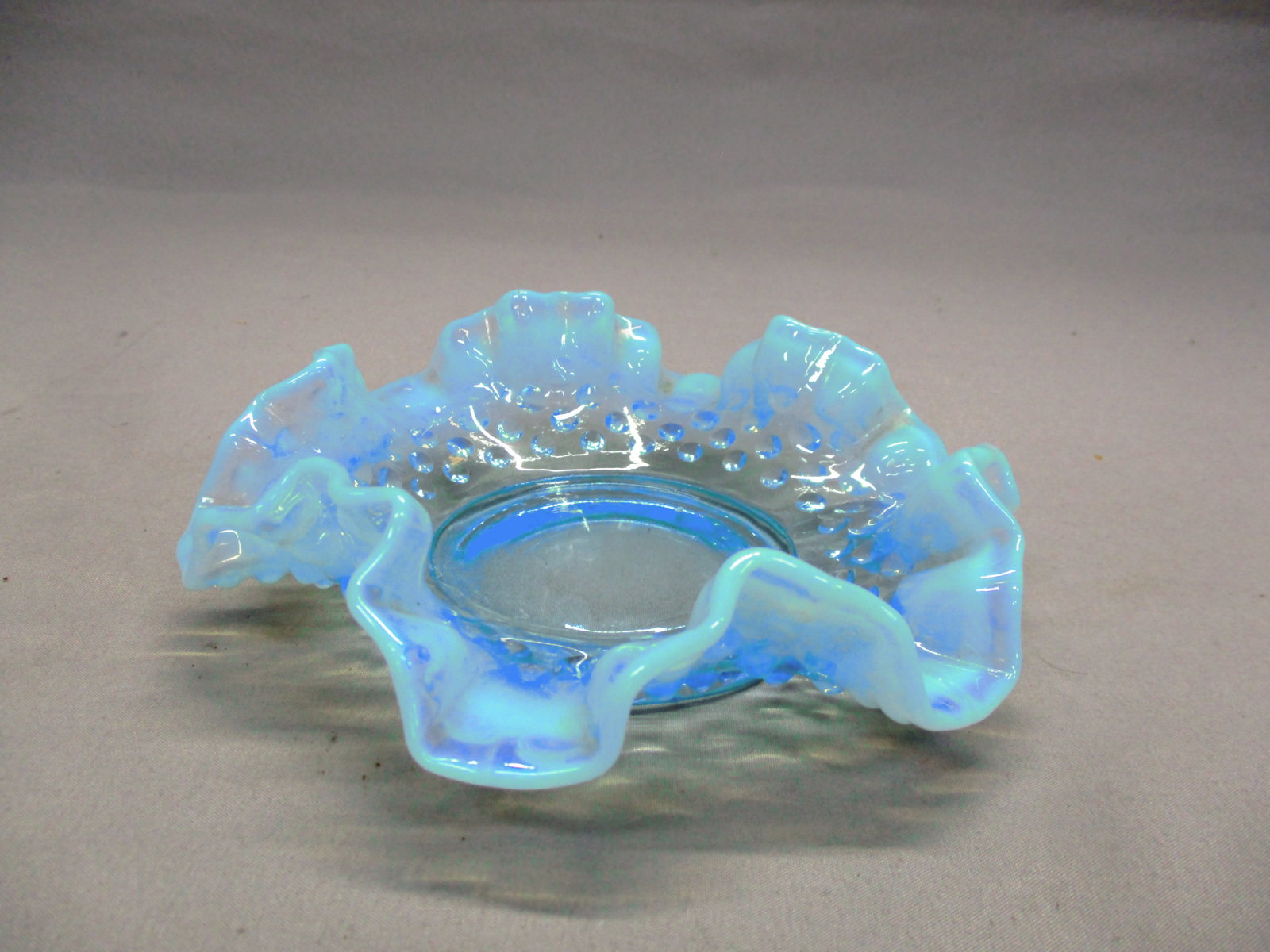 Fenton Blue Opalescent Hobnail Ruffled Edge Bonbon Dish: 6"