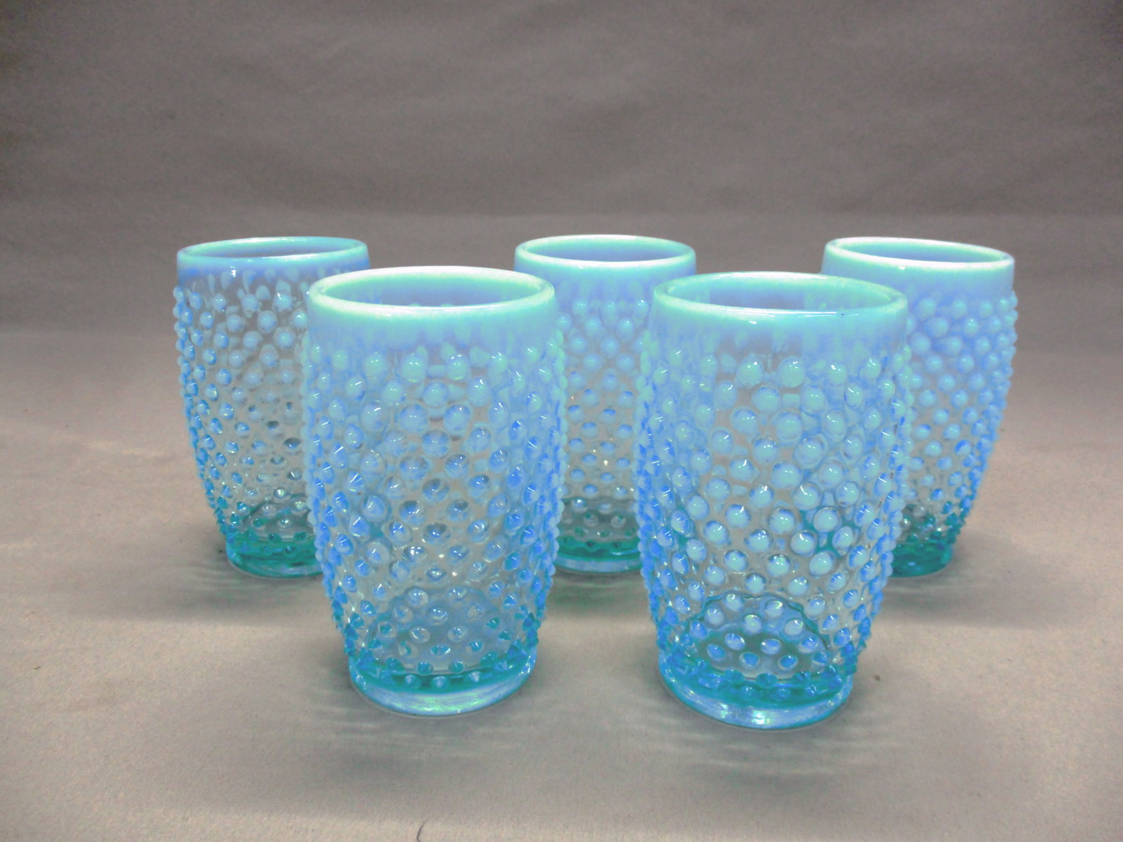 5 Fenton Blue Opalescent Hobnail Tumblers: 5"