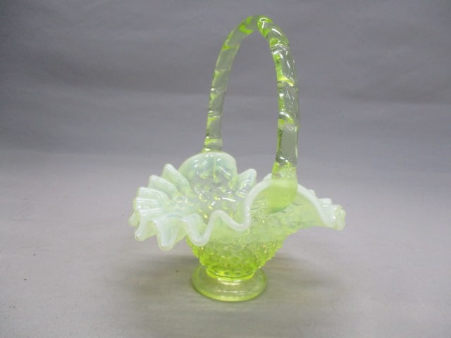 Fenton Yellow Opalescent Hobnail Vaseline Glass Basket: 4.5" x 6"