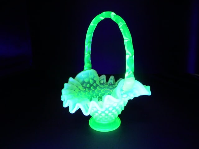 Fenton Yellow Opalescent Hobnail Vaseline Glass Basket - 2