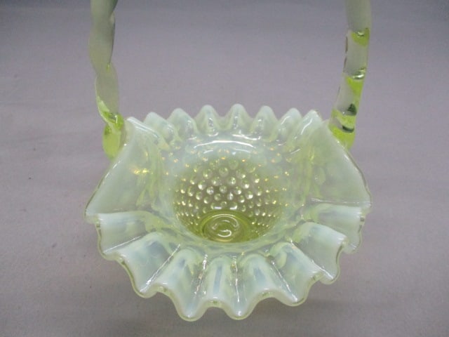 Fenton Yellow Opalescent Hobnail Vaseline Glass Basket - 3