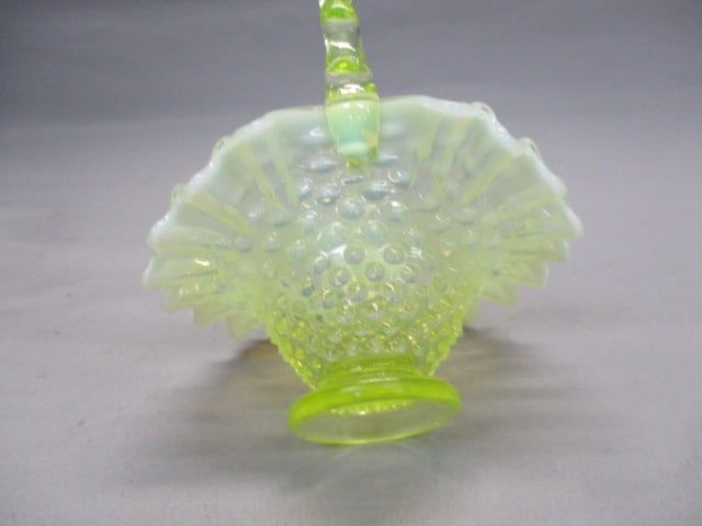 Fenton Yellow Opalescent Hobnail Vaseline Glass Basket - 4