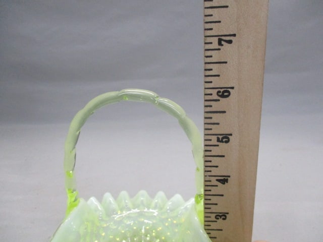 Fenton Yellow Opalescent Hobnail Vaseline Glass Basket - 6