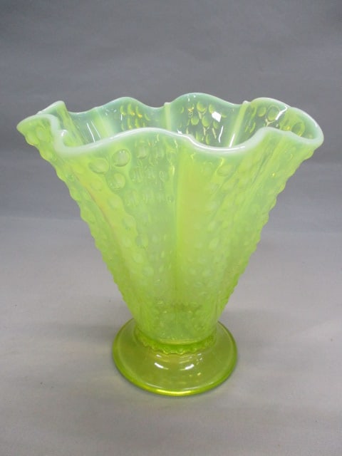 Fenton Topaz Opalescent Hobnail Vaseline Glass Handkerchief Vase (1 of 5)