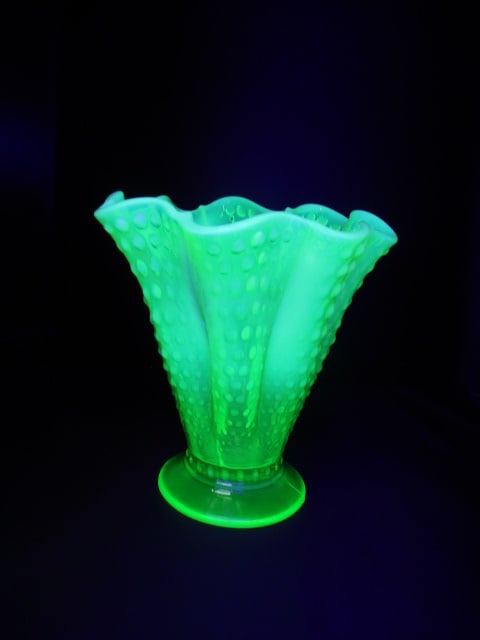 Fenton Topaz Opalescent Hobnail Vaseline Glass Handkerchief Vase - 2