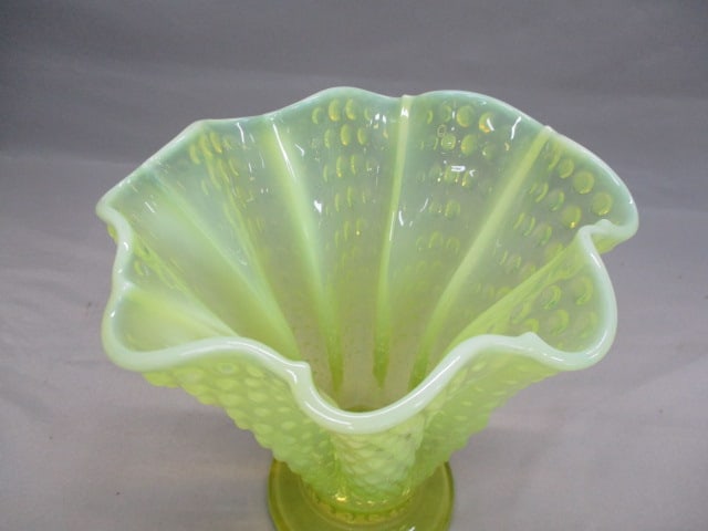 Fenton Topaz Opalescent Hobnail Vaseline Glass Handkerchief Vase - 3