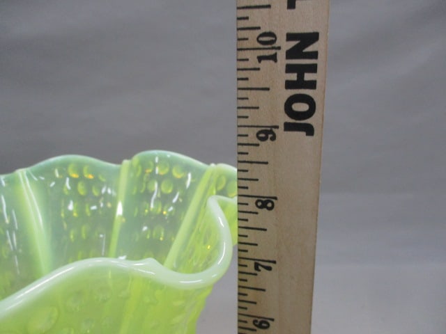 Fenton Topaz Opalescent Hobnail Vaseline Glass Handkerchief Vase - 5