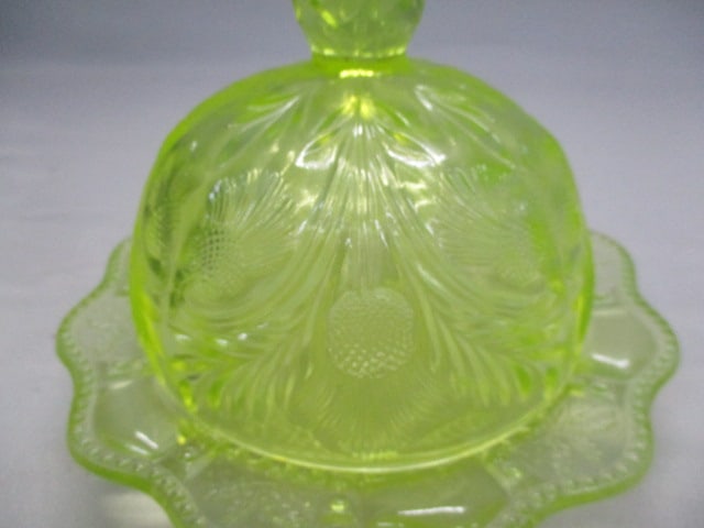 Vintage Vaseline Glass Round Dome Covered Butter Dish - 3