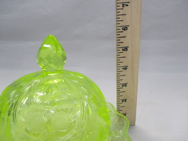 Vintage Vaseline Glass Round Dome Covered Butter Dish - 7