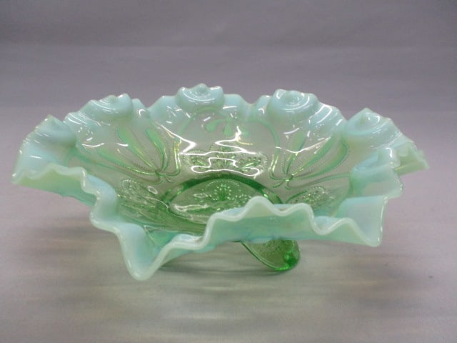 Jefferson Green Opalescent Ruffled 3 Footed Bowl: "Meander" Pattern 9" x 3.5"