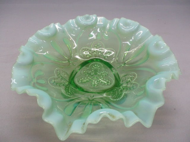 Jefferson Green Opalescent Ruffled 3 Footed Bowl - 2