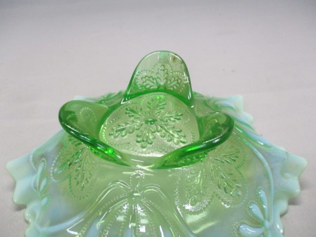 Jefferson Green Opalescent Ruffled 3 Footed Bowl - 3