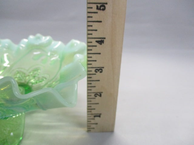 Jefferson Green Opalescent Ruffled 3 Footed Bowl - 6
