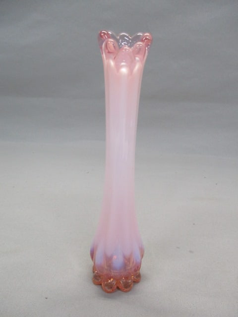 Vintage Fostoria Heirloom Pink Opalescent Swung Glass Bud Vase: 7"
