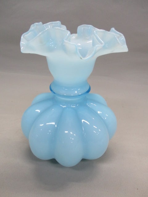 Fenton Blue Cased Glass Overlay Melon Vase (1 of 5)