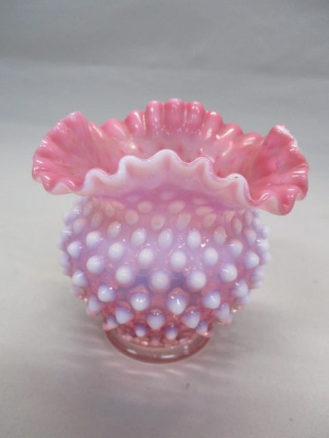 Fenton Cranberry Opalescent Hobnail Ruffled Vase: 5" x 4.5"