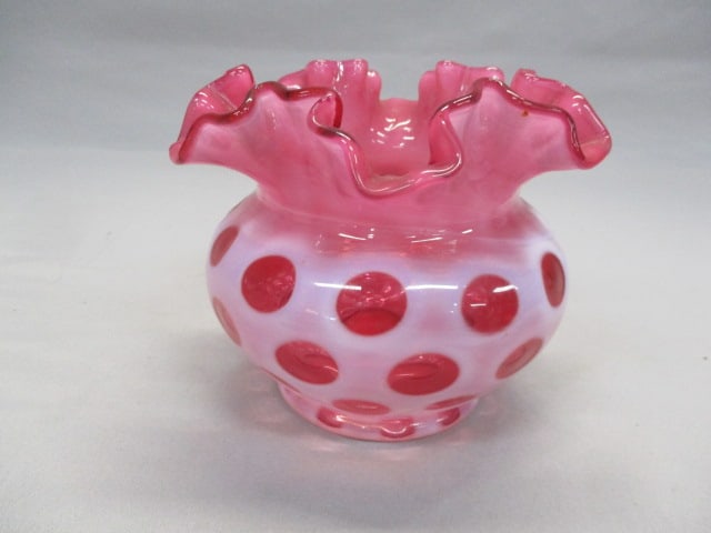 Fenton Cranberry Opalescent Coin Dot Rose Bowl: 6" x 5"
