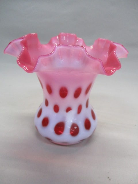 Fenton Cranberry Opalescent Coin Dot Ruffled Edge Vase: 6.5" x 6" Has Factory Flaw - See All Pictures