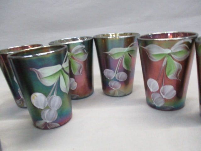 Fenton Enamel "Cherry Blossoms" Blue Carnival Glass Pitcher 9.5" - 10