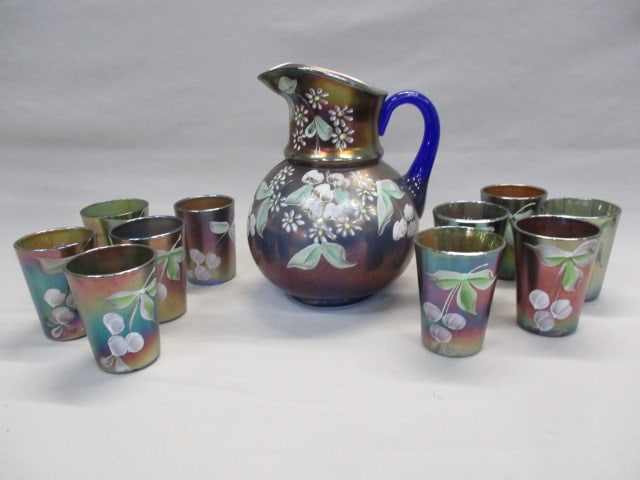 Fenton Enamel "Cherry Blossoms" Blue Carnival Glass Pitcher 9.5" (1 of 11)