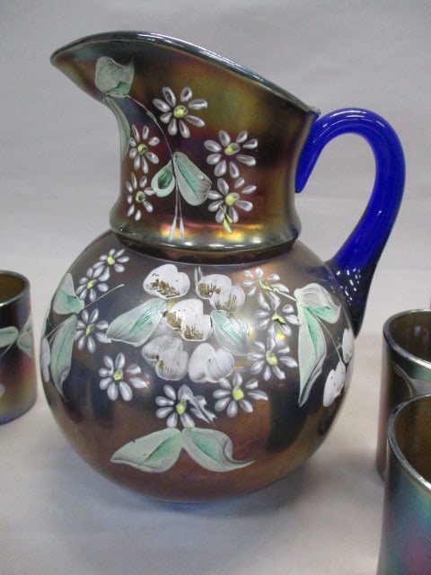 Fenton Enamel "Cherry Blossoms" Blue Carnival Glass Pitcher 9.5" - 2