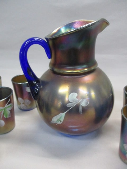 Fenton Enamel "Cherry Blossoms" Blue Carnival Glass Pitcher 9.5" - 3