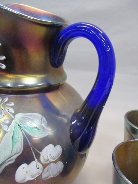 Fenton Enamel "Cherry Blossoms" Blue Carnival Glass Pitcher 9.5" - 4