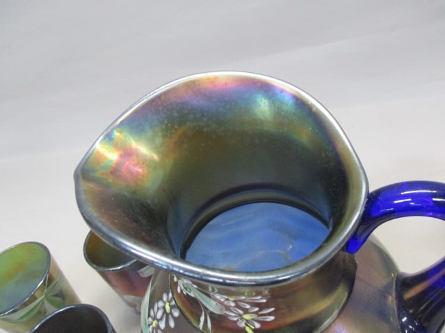 Fenton Enamel "Cherry Blossoms" Blue Carnival Glass Pitcher 9.5" - 5