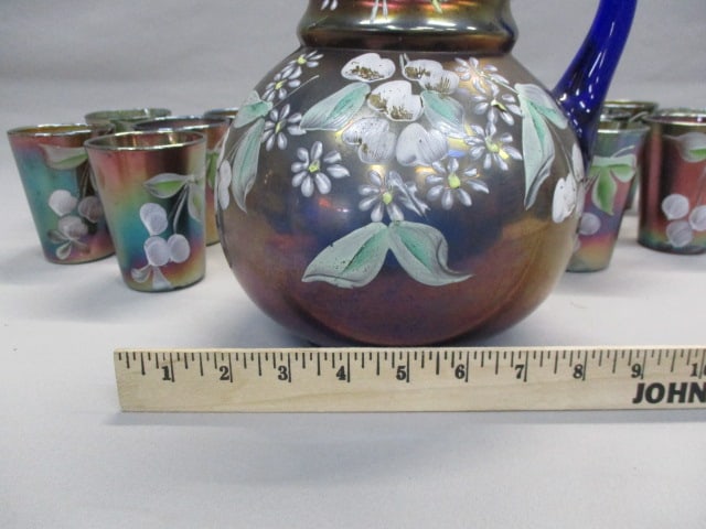 Fenton Enamel "Cherry Blossoms" Blue Carnival Glass Pitcher 9.5" - 7