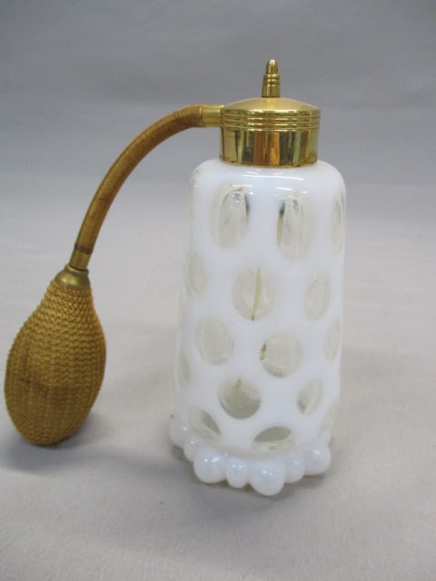 Fenton White Opalescent Coin Dot Perfume Bottle Atomizer: 6"