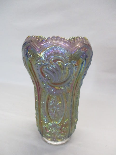 Imperial Smoke Carnival Glass Scroll & Flower Panels Vase: 10"