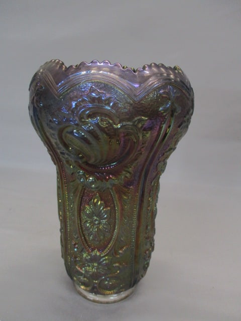 Imperial Smoke Carnival Glass Scroll & Flower Panels Vase: 10"
