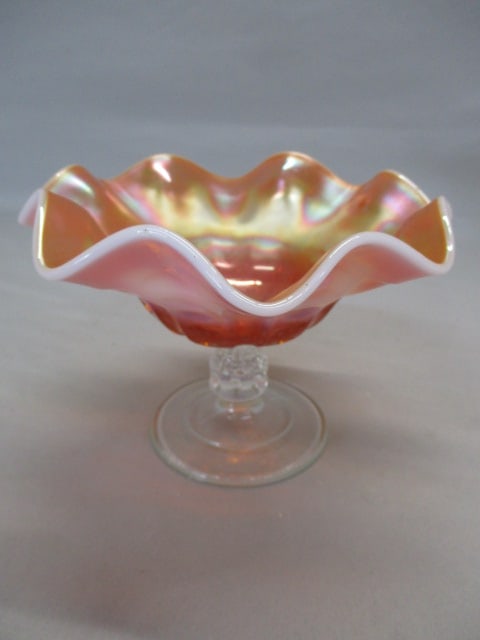 Vintage Dugan Marigold Opalescent Carnival Glass Compote: "Coin Spot" Pattern 6.5" x 4.5"