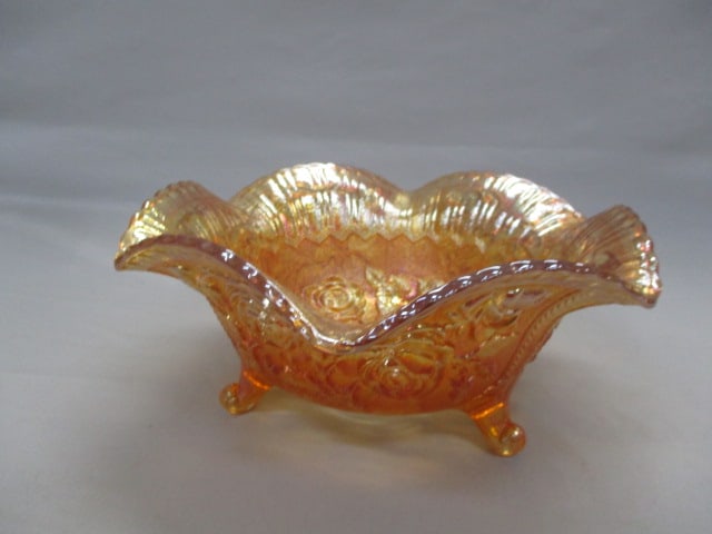 Vintage Imperial Marigold Carnival Glass Footed Bowl: "Luster Rose" Pattern 11" x 5"